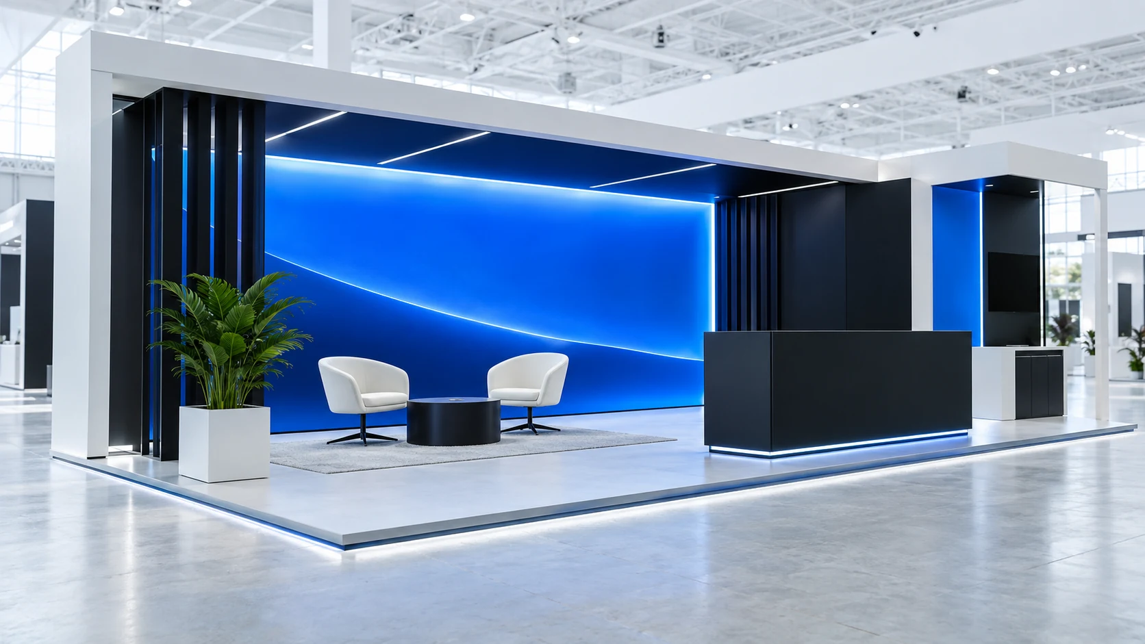 Modern trade show exhibition hall with branded display stands