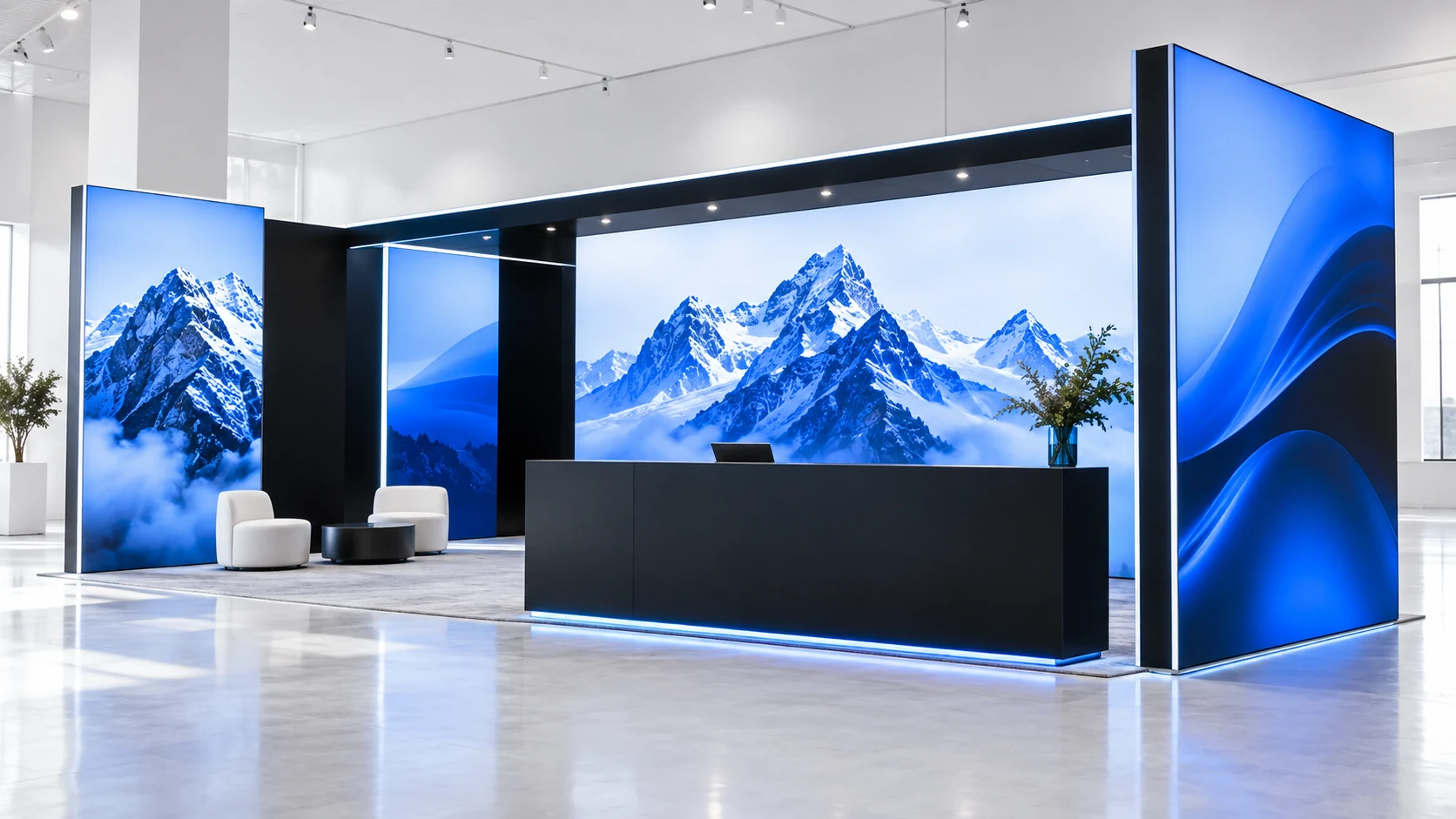 Premium modular exhibition display system in a bright showroom